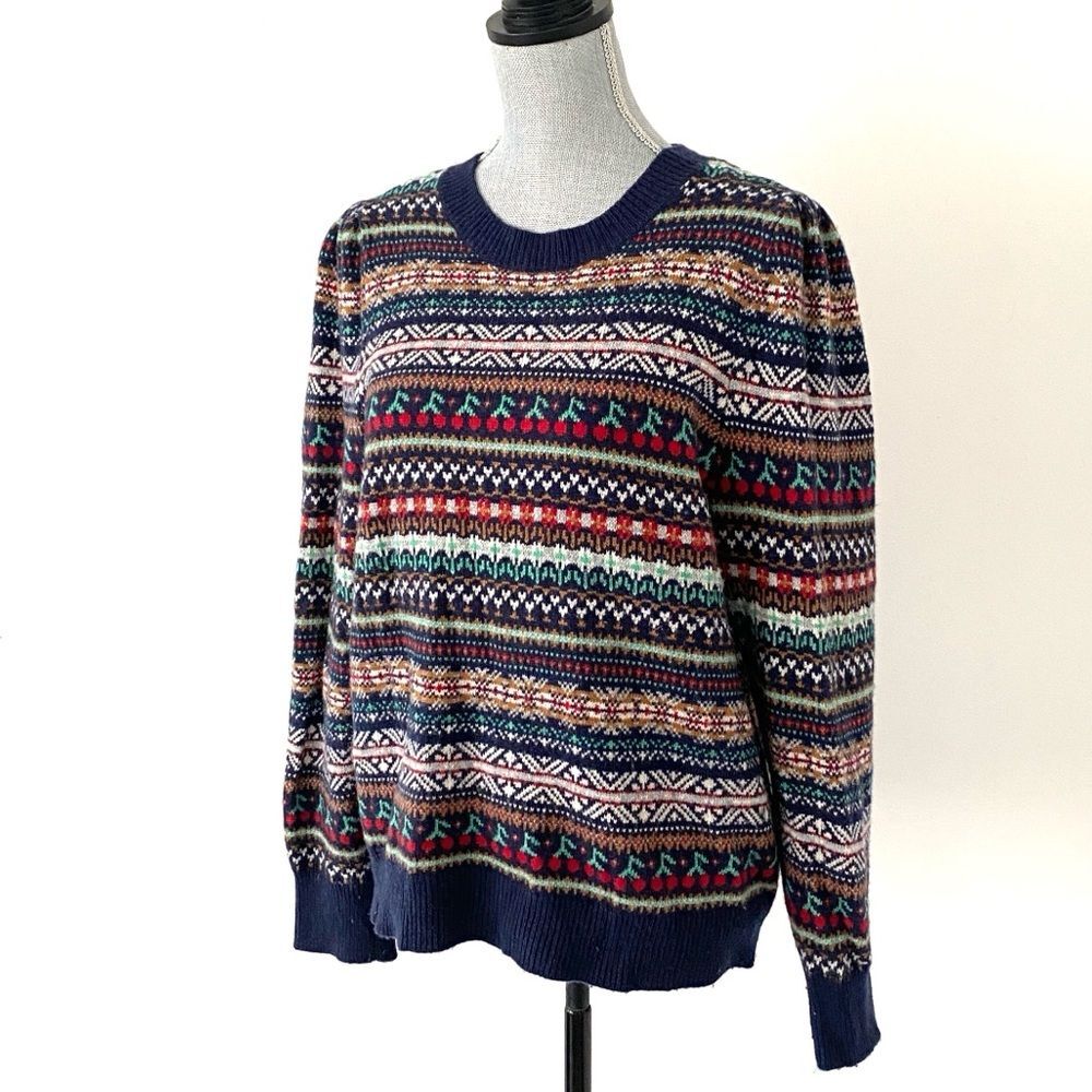 J. Crew Puff-sleeve Fair Isle Cherry Crewneck Sweater XL Preppy Cottage Retro